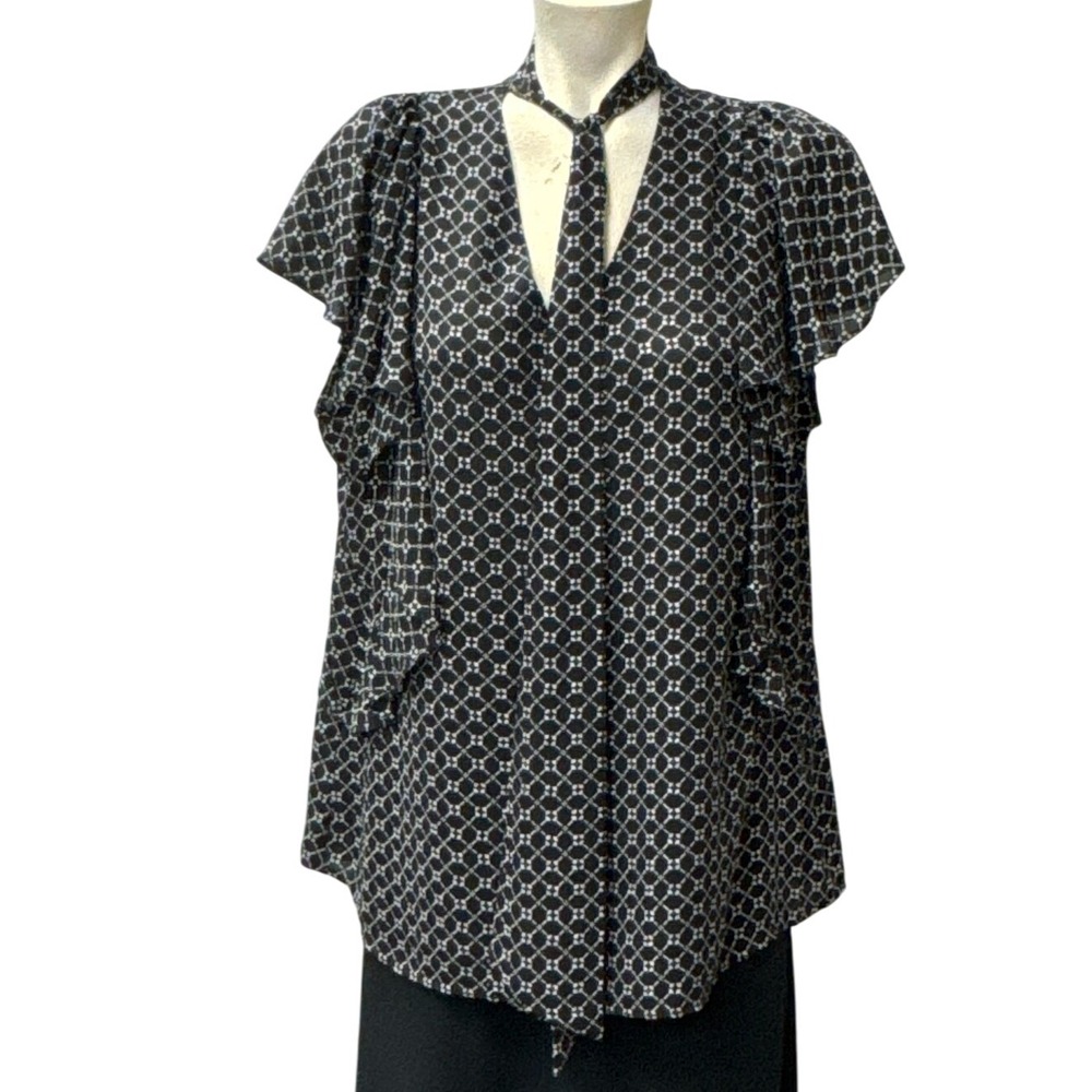 Worthington Womens Black Flutter Sleeve Bow Tie Blouse XL Flowy Career Office